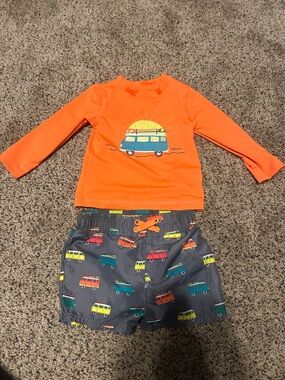 Cat & Jack Orange Rash Guard and Multi Van Print Swim Trunks